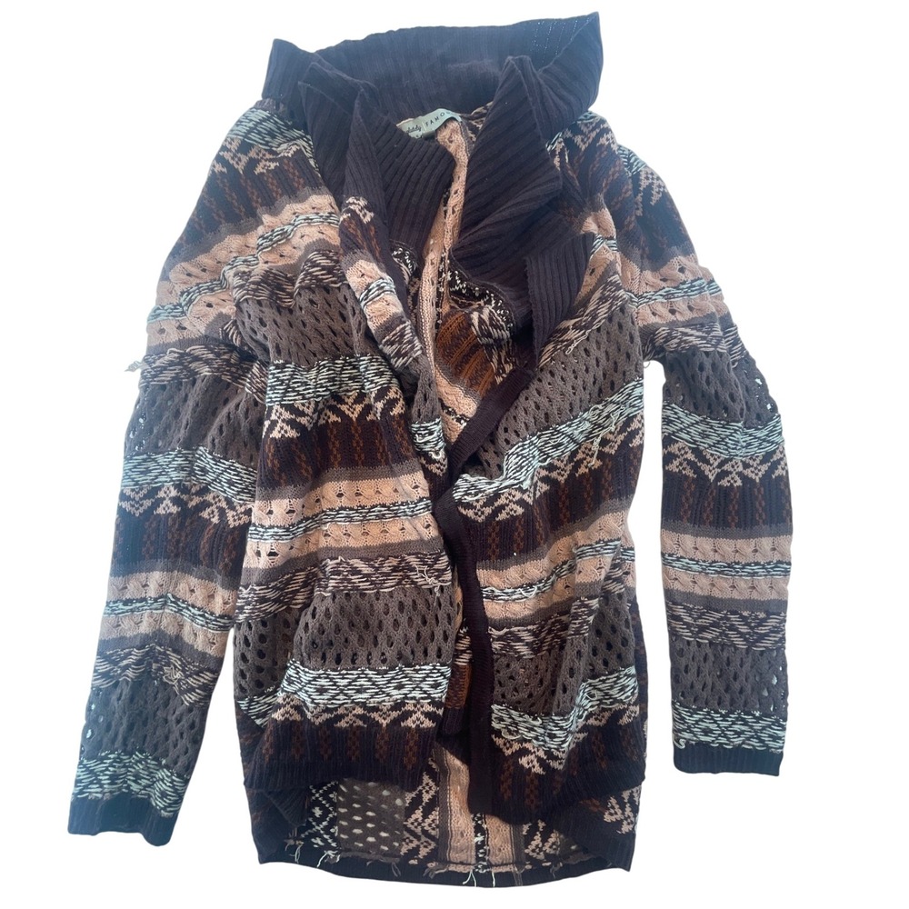 Absolutely Famous Knit Open Front Cardigan Sweater Brown Tan Fair Isle M‎